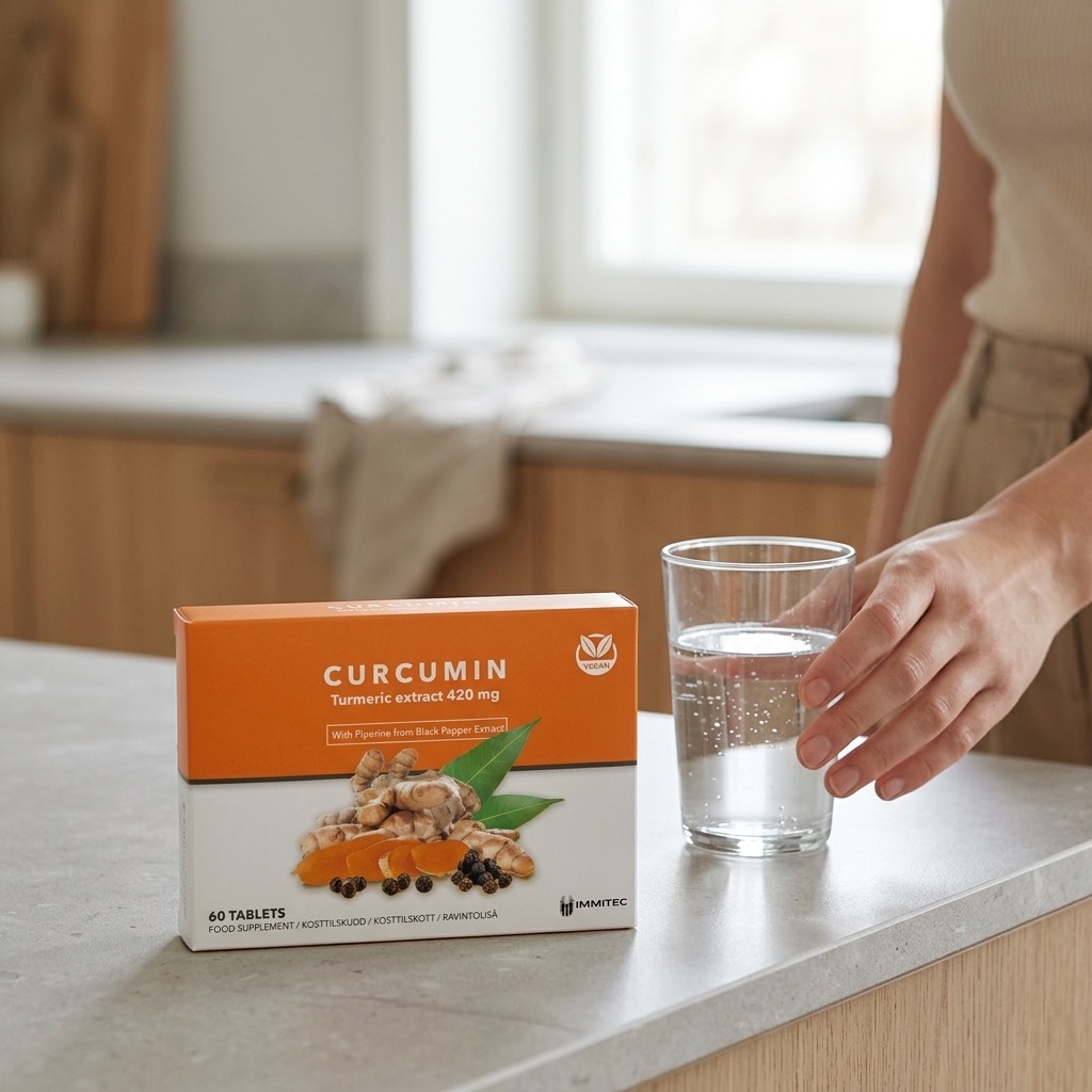 Curcumin-pakke ved et glass vann på kjøkkenbenken