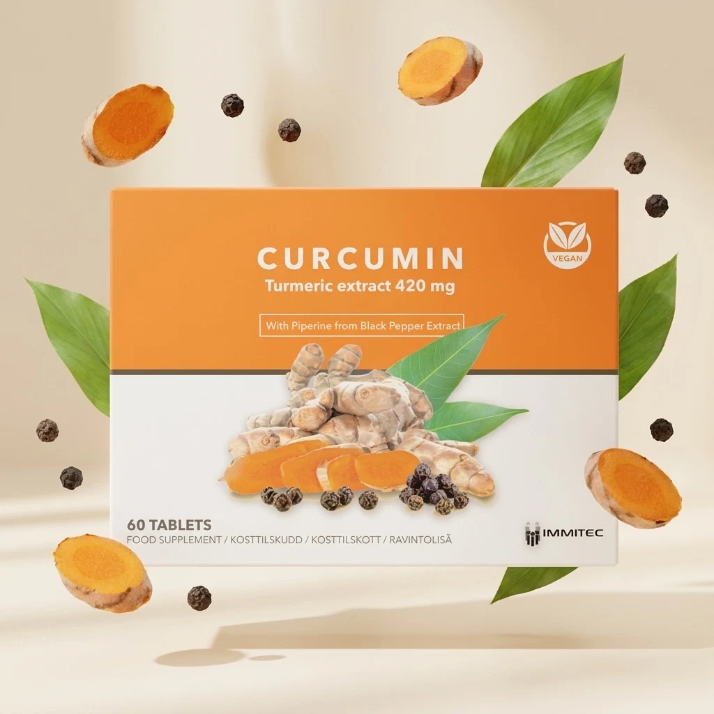 Curcumin-pakning med gurkemeie, svart pepper og blader