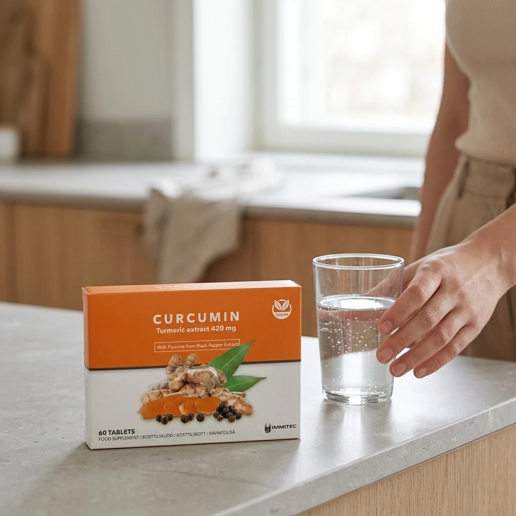 Curcumin-pakning på kjøkkenbenk ved siden av et glass vann