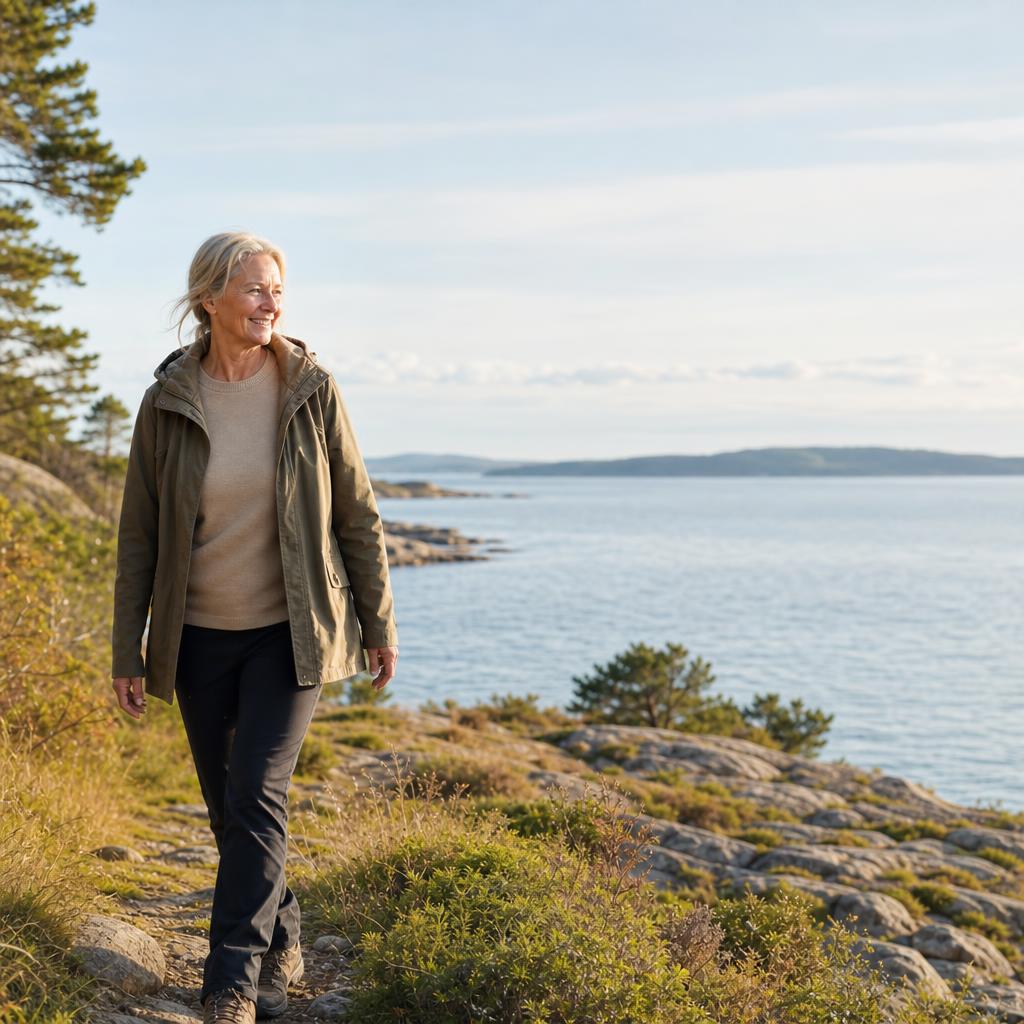 Kvinne går langs norsk kyst